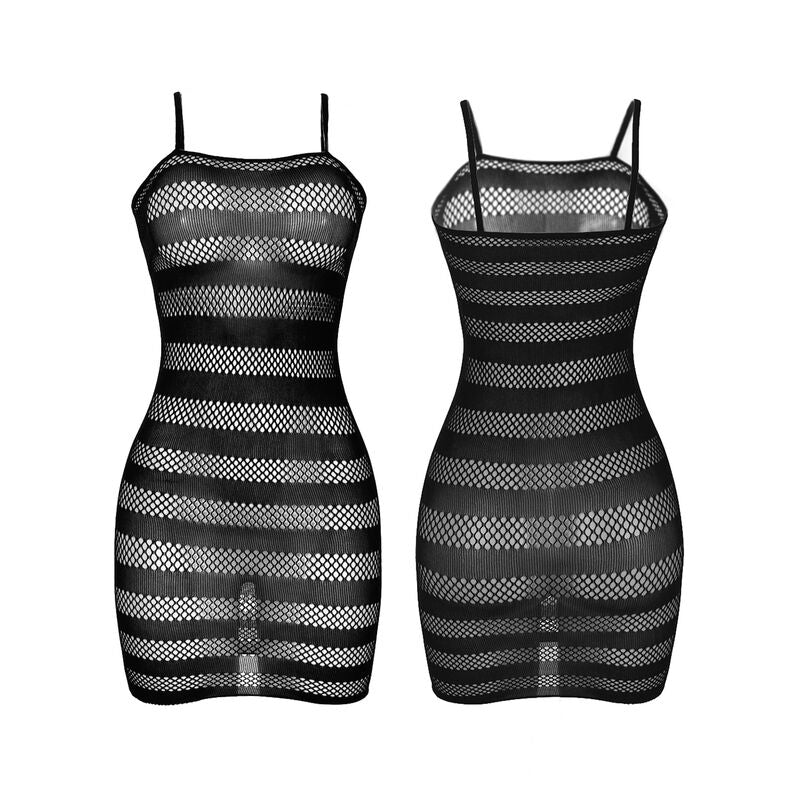 Vestido de rede Subblime com listras pretas, modelo ajustável.