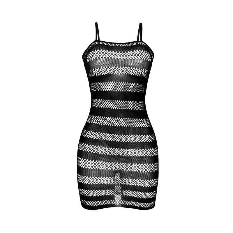 Vestido de rede Subblime com listras pretas, modelo ajustável.
