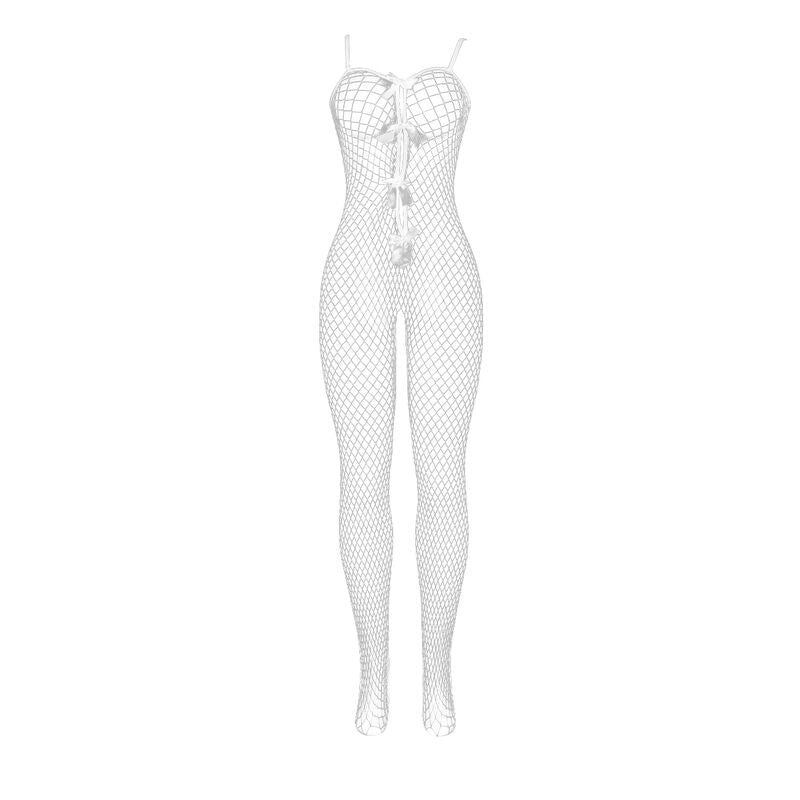 Close-up do Bodystocking Arrastão SUBBLIME branco sem fundo com detalhes de laços.
