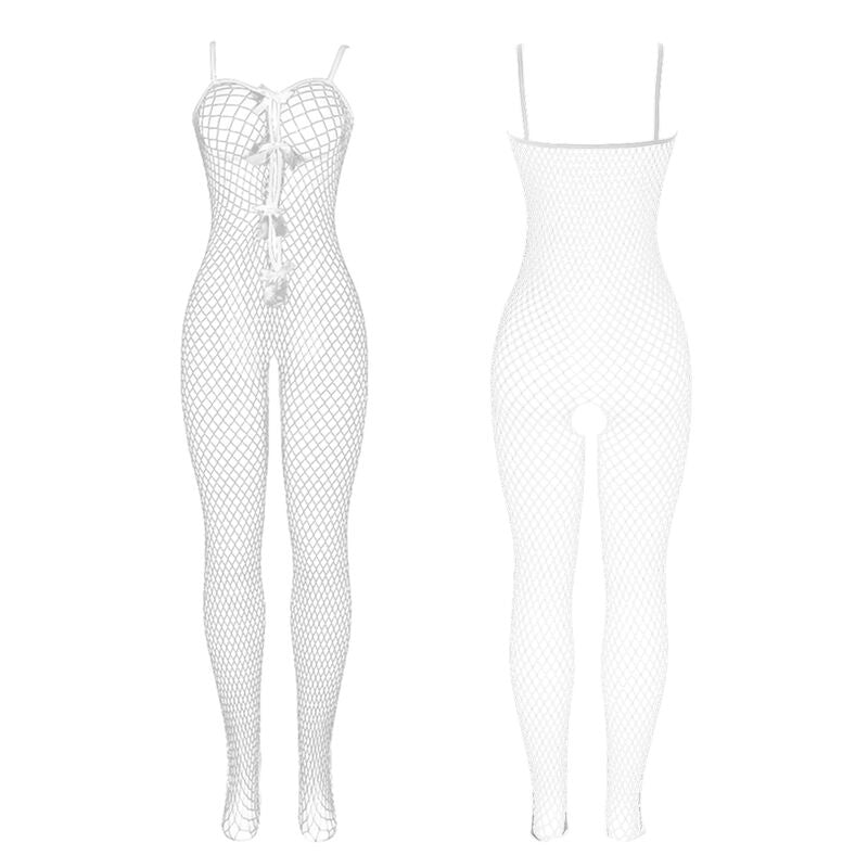 Close-up do Bodystocking Arrastão SUBBLIME branco sem fundo com detalhes de laços.