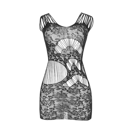 Vestido Body Longo Rede Arrastão SUBBLIME com Costas Abertas, em preto.