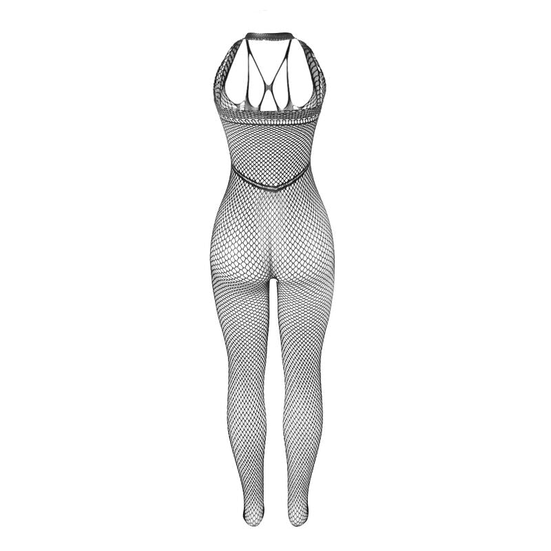 Bodystocking longo SUBBLIME de rede preta com tiras no peito e costas, detalhe da textura e design sensual.