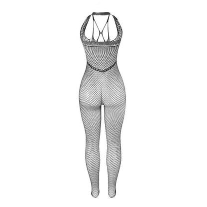 Bodystocking longo SUBBLIME de rede preta com tiras no peito e costas, detalhe da textura e design sensual.