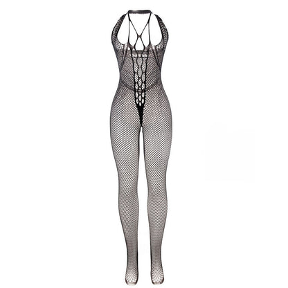 Bodystocking longo SUBBLIME de rede preta com tiras no peito e costas, detalhe da textura e design sensual.