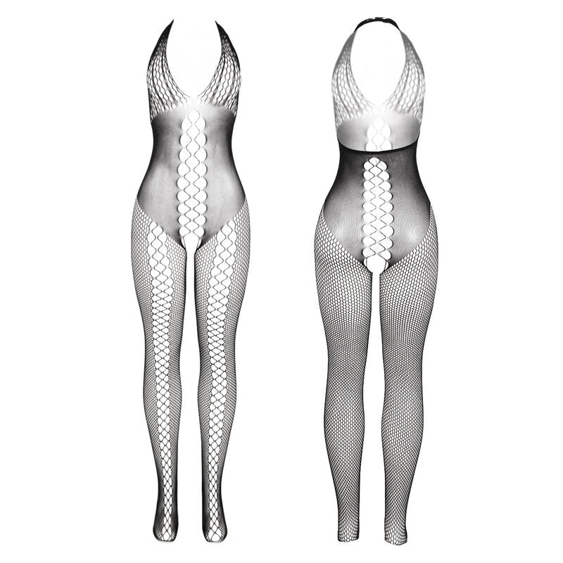 Bodystocking Subblime preto com costas abertas e detalhes cruzados, mostrando o design sensual.