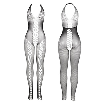 Bodystocking Subblime preto com costas abertas e detalhes cruzados, mostrando o design sensual.