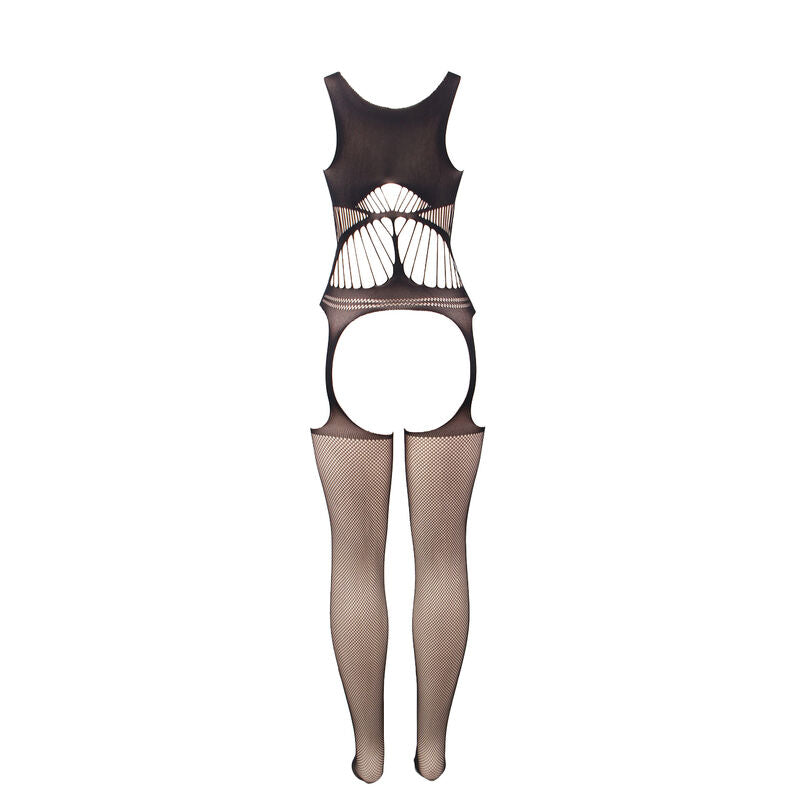 Bodystocking Subblime de rede arrastão preta, sem virilha, com design ousado e detalhes de copa e ombros abertos.
