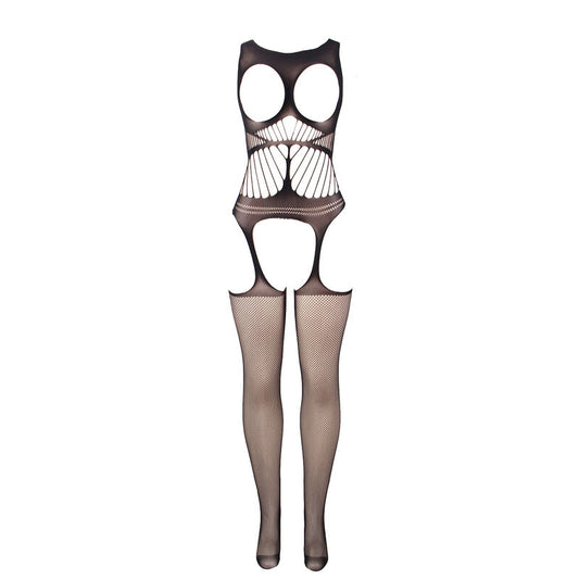 Bodystocking Subblime de rede arrastão preta, sem virilha, com design ousado e detalhes de copa e ombros abertos.