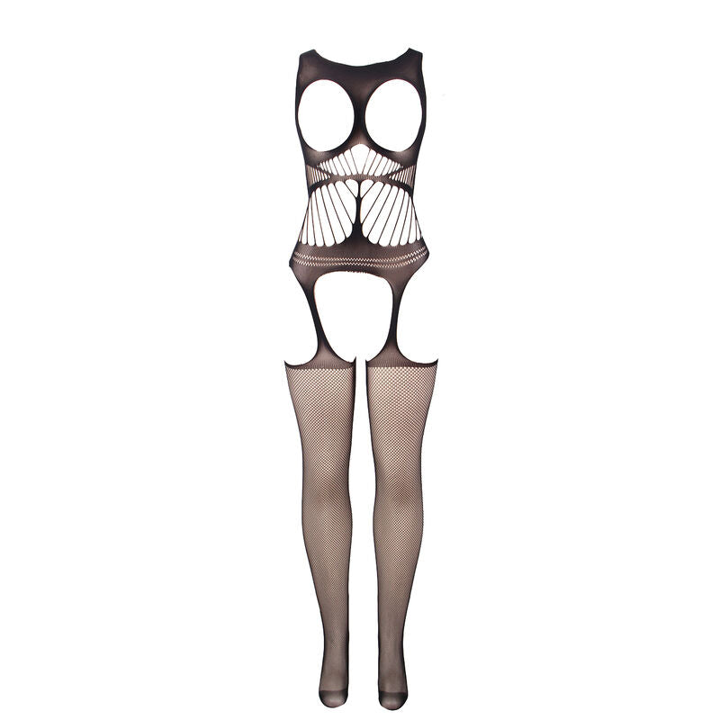 Bodystocking Subblime de rede arrastão preta, sem virilha, com design ousado e detalhes de copa e ombros abertos.
