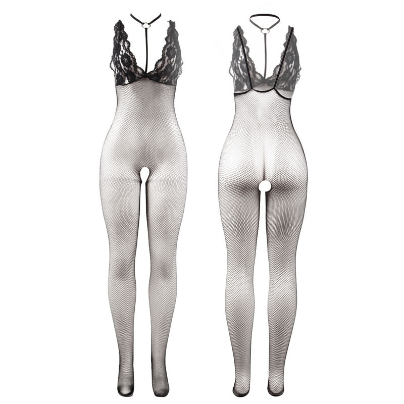 Subblime Bodystocking Rede Transparente Sem Costas Preto. Lingerie sensual e elegante de tamanho único.