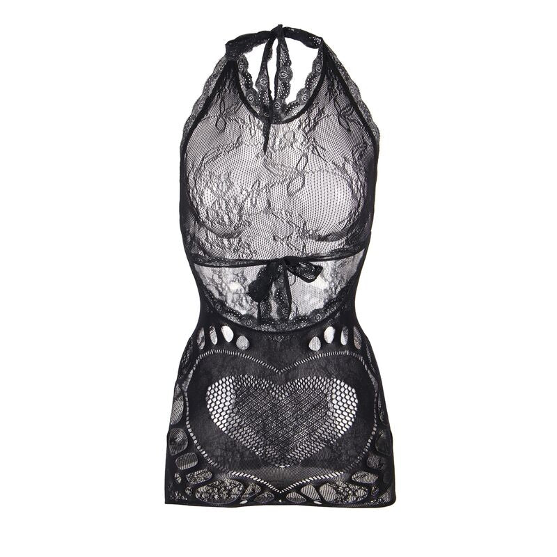 Vestido Curto de Rede SUBBLIME com detalhe de coração nas costas, preto