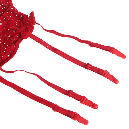 Detalhe do Bodystocking de Rede Subblime Vermelho com Luvas e Padrão de Diamantes