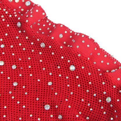 Detalhe do Bodystocking de Rede Subblime Vermelho com Luvas e Padrão de Diamantes