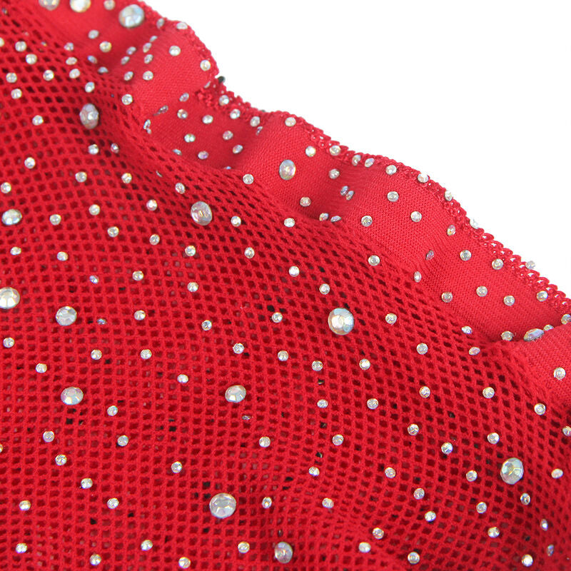 Detalhe do Bodystocking de Rede Subblime Vermelho com Luvas e Padrão de Diamantes