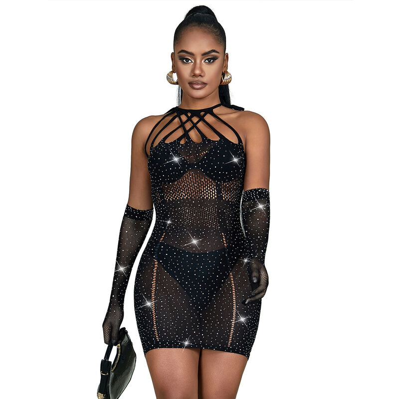 Vestido de rede Subblime preto com strass, detalhes em malha e corte sensual.