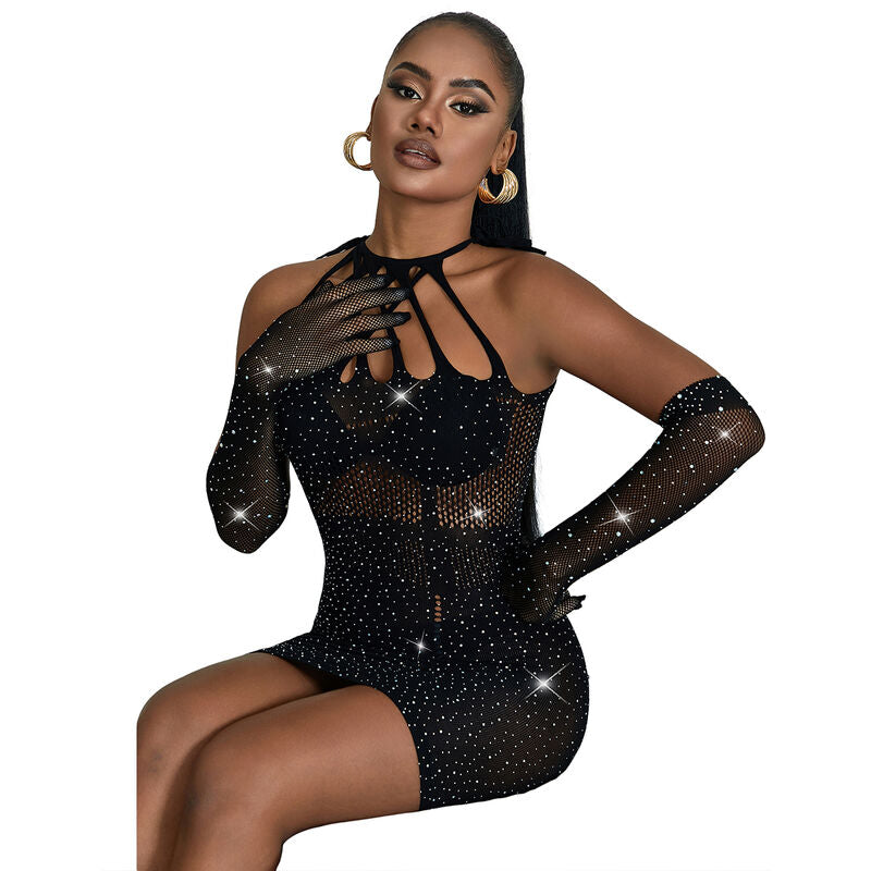 Vestido de rede Subblime preto com strass, detalhes em malha e corte sensual.