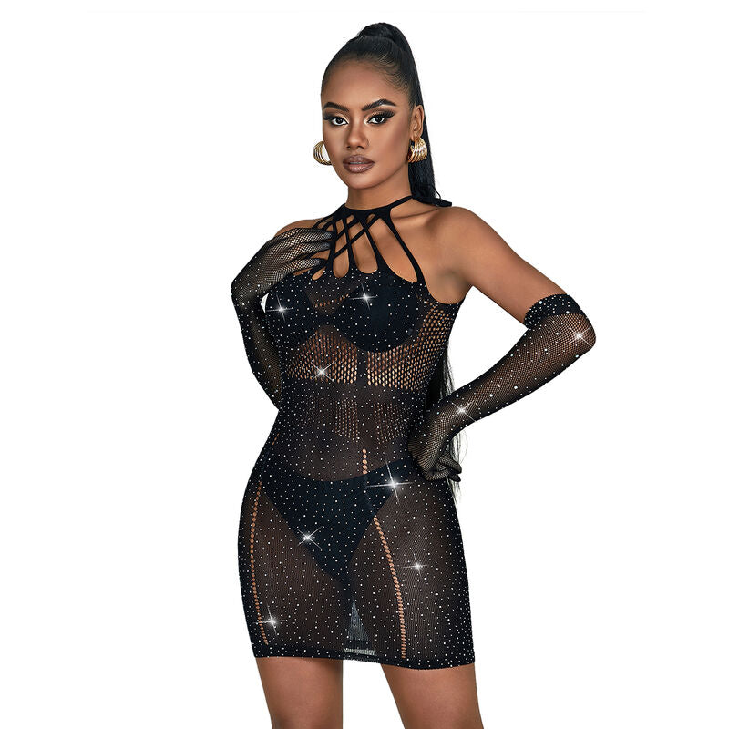 Vestido de rede Subblime preto com strass, detalhes em malha e corte sensual.