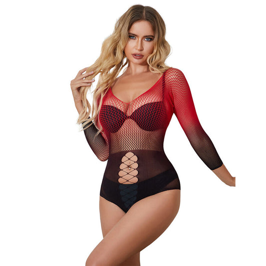 Vestido de Rede Elástica SUBBLIME com design degradê vermelho e preto e manga longa.