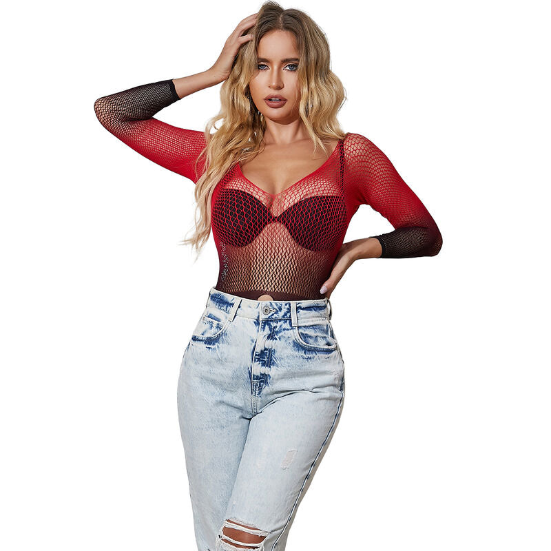 Vestido de Rede Elástica SUBBLIME com design degradê vermelho e preto e manga longa.