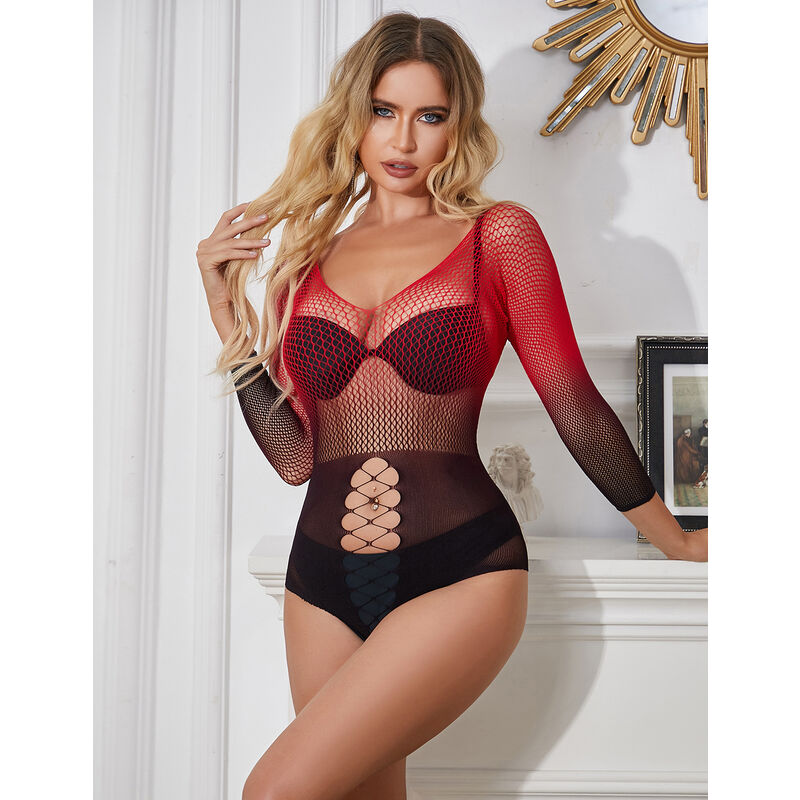 Vestido de Rede Elástica SUBBLIME com design degradê vermelho e preto e manga longa.