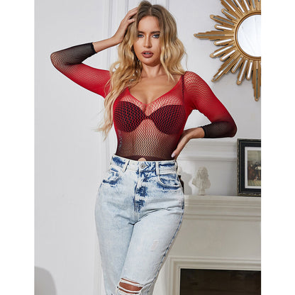 Vestido de Rede Elástica SUBBLIME com design degradê vermelho e preto e manga longa.