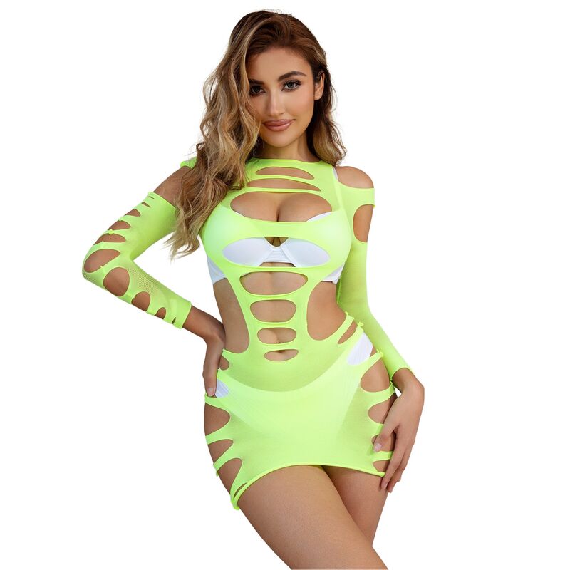 Vestido Verde Manga Longa com Rede Elástica SUBBLIME, detalhe do tecido e design.