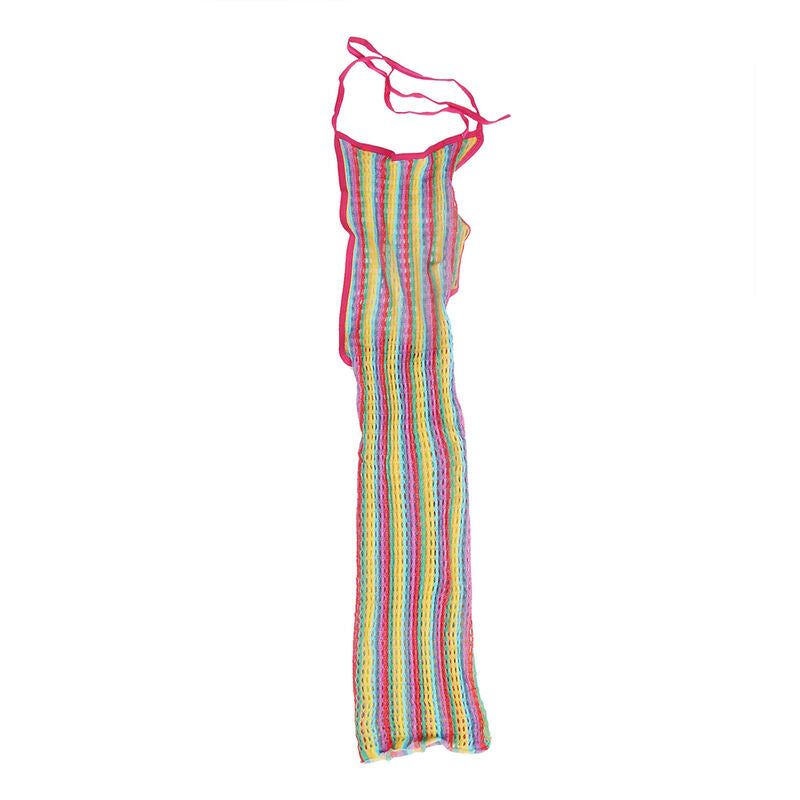 Vestido arrastão Rainbow Fishnet SUBBLIME em tamanho único, exibindo o design colorido e a textura da lingerie.