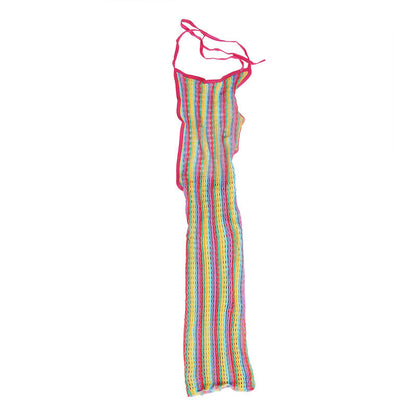 Vestido arrastão Rainbow Fishnet SUBBLIME em tamanho único, exibindo o design colorido e a textura da lingerie.