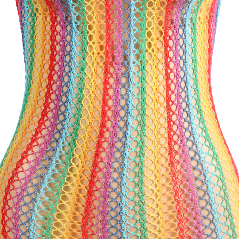 Vestido arrastão Rainbow Fishnet SUBBLIME em tamanho único, exibindo o design colorido e a textura da lingerie.