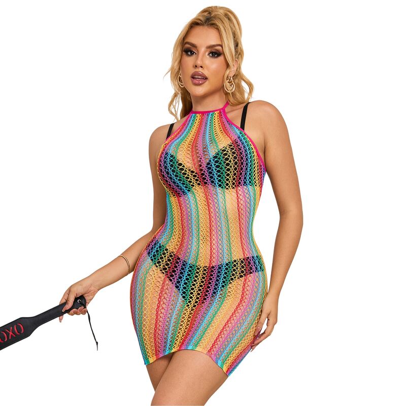Vestido arrastão Rainbow Fishnet SUBBLIME em tamanho único, exibindo o design colorido e a textura da lingerie.