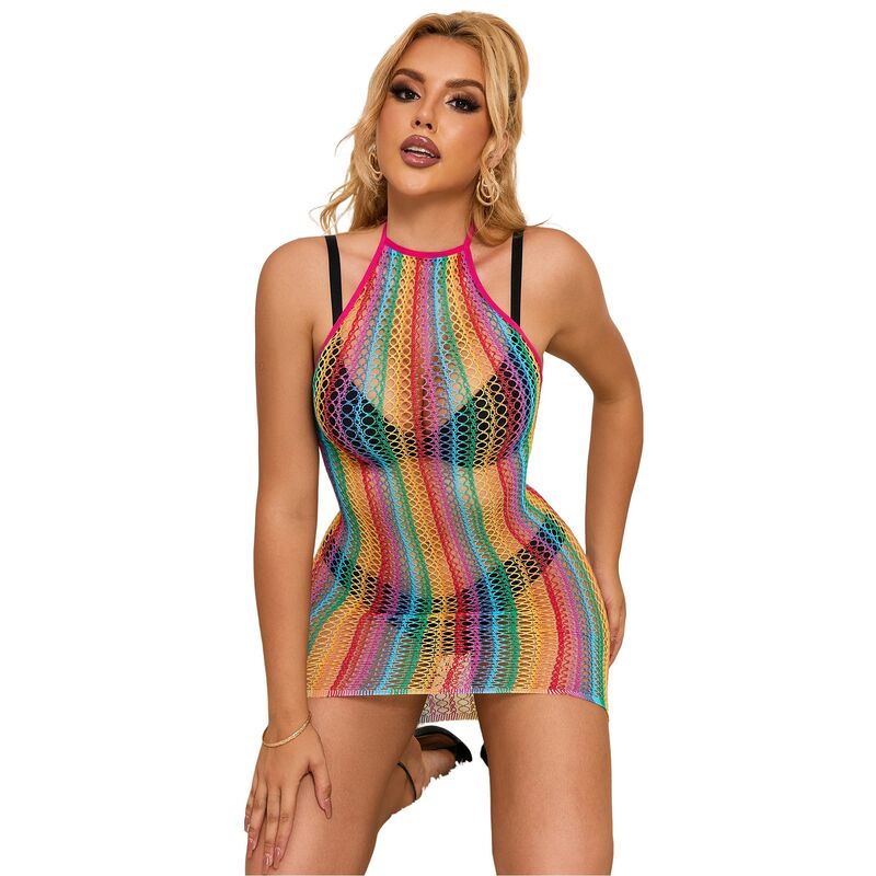 Vestido arrastão Rainbow Fishnet SUBBLIME em tamanho único, exibindo o design colorido e a textura da lingerie.