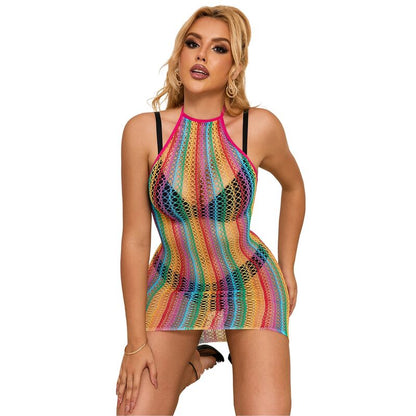 Vestido arrastão Rainbow Fishnet SUBBLIME em tamanho único, exibindo o design colorido e a textura da lingerie.