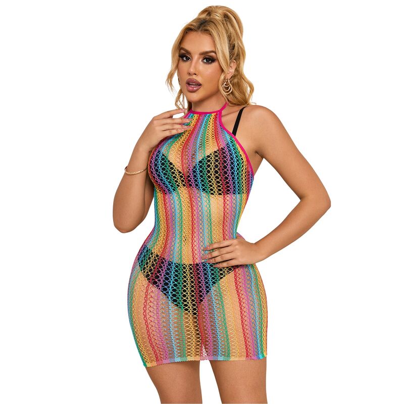Vestido arrastão Rainbow Fishnet SUBBLIME em tamanho único, exibindo o design colorido e a textura da lingerie.