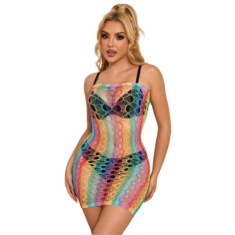 Vestido Subblime ombro a ombro de rede arco-íris, detalhes da malha e cores vibrantes.