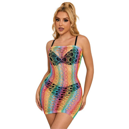 Vestido Subblime ombro a ombro de rede arco-íris, detalhes da malha e cores vibrantes.