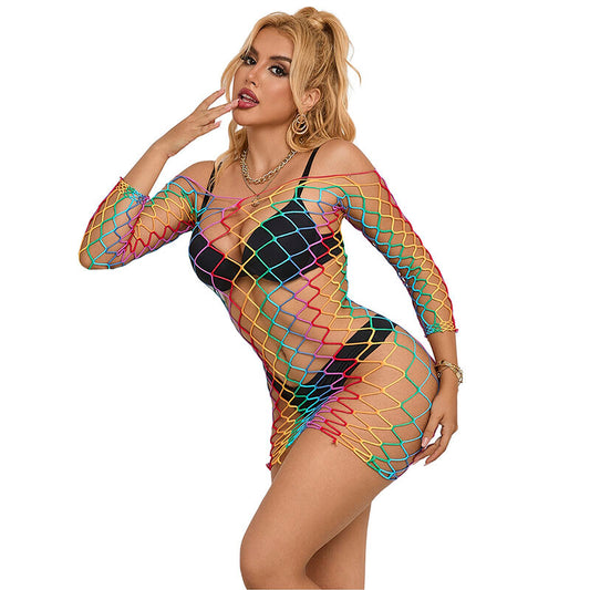 Vestido SUBBLIME Fishnet Rainbow Manga Longa em Malha