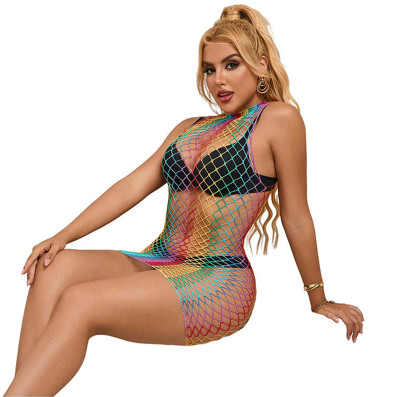 SUBBLIME Vestido Fishnet Gola Alta Arco-Íris Sem Mangas, detalhe do tecido e design.