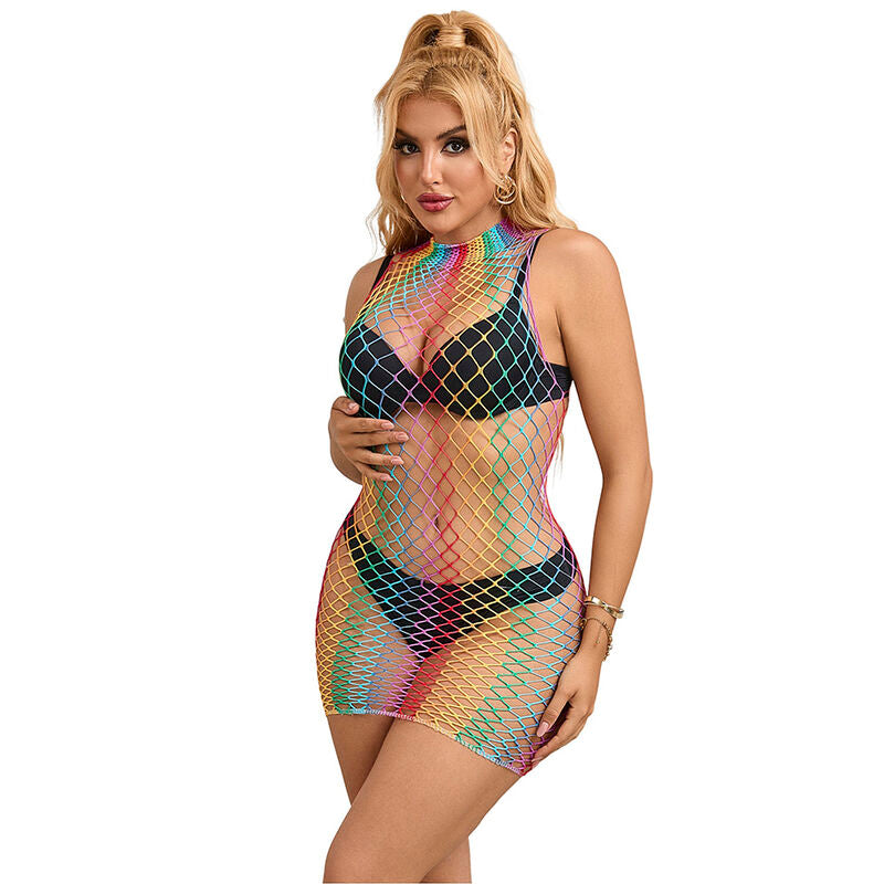 SUBBLIME Vestido Fishnet Gola Alta Arco-Íris Sem Mangas, detalhe do tecido e design.