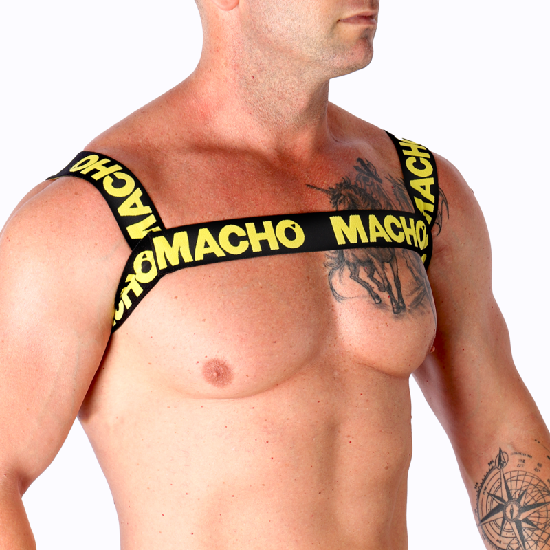 Arnês Duplo Elástico Amarelo MACHO, mostrando o design ajustável e o material elástico.