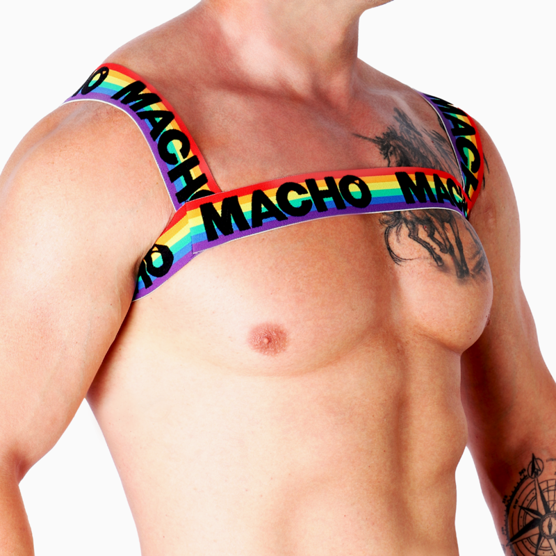 Macho Arnês Duplo Elástico Edição Pride Limited, destacando as cores vibrantes e o design ajustável para diversos corpos.