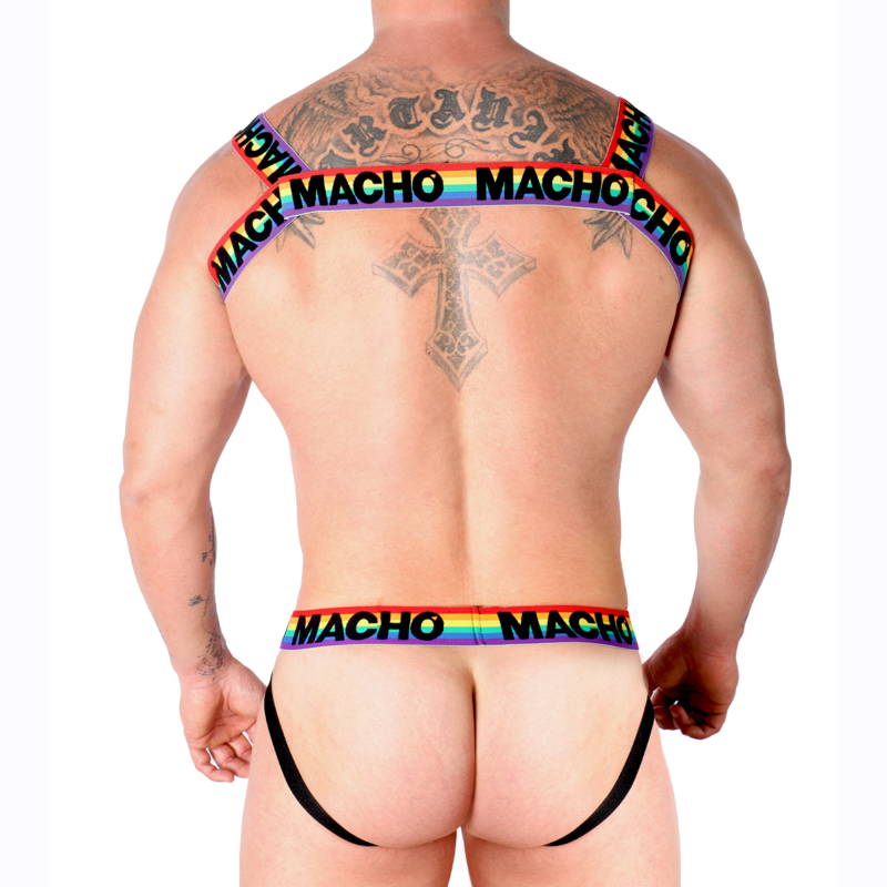 Macho Arnês Duplo Elástico Edição Pride Limited, destacando as cores vibrantes e o design ajustável para diversos corpos.
