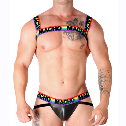 Macho Arnês Duplo Elástico Edição Pride Limited, destacando as cores vibrantes e o design ajustável para diversos corpos.
