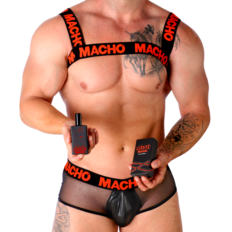 Frasco do perfume Macho Rush Eau de Parfum 30ml, destacando o design e a cor do líquido.