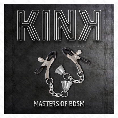 Close-up das KINK Pinças para Mamilos Pingente Sino Prata 6cm, destacando o design e o sino.
