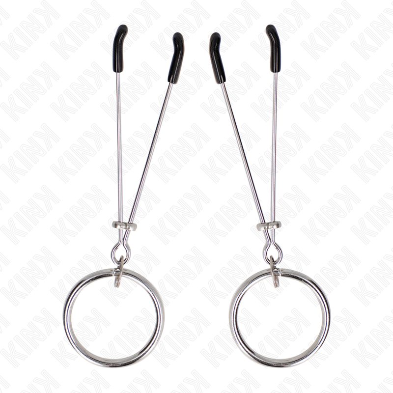 Close-up das Pinças Finas para Mamilos KINK com O-Ring 7 CM para estimulação sensorial BDSM.