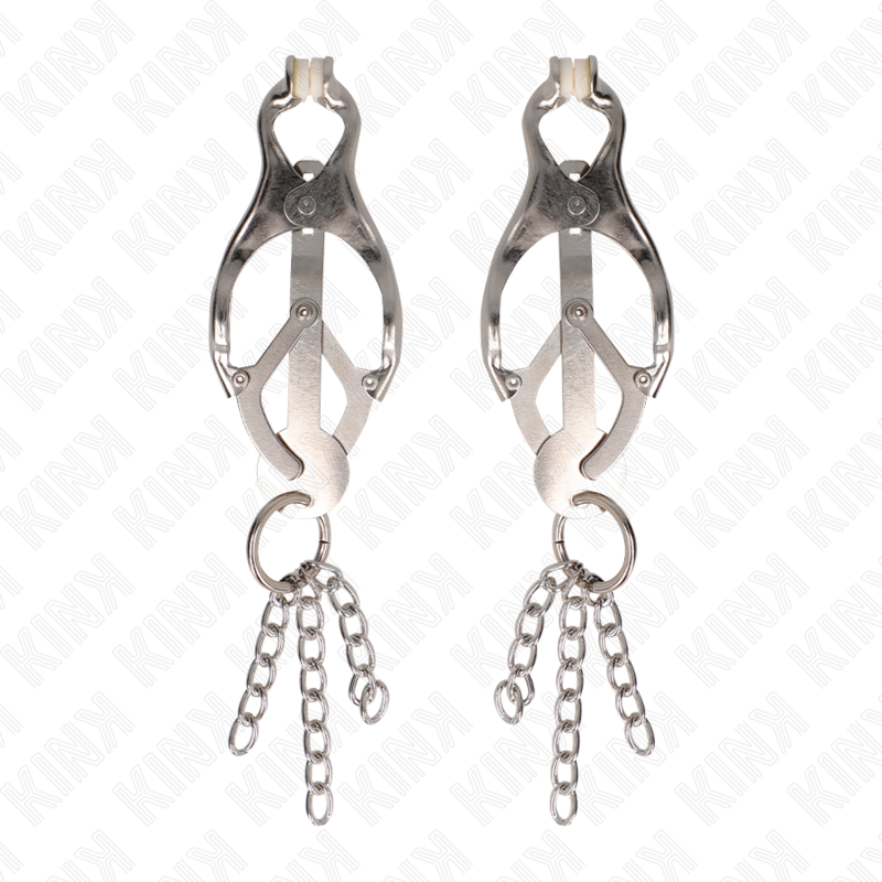 KINK Pinças de Mamilo Trevo Japonês com Pequenas Correntes Prata, para estimulação BDSM.