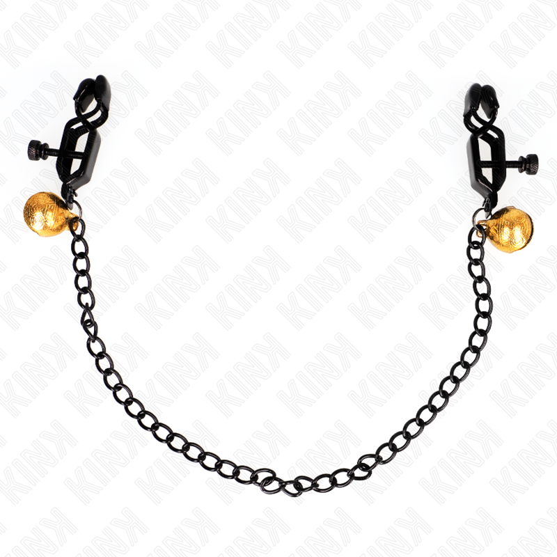 Detalhe das Pinças para Mamilos KINK com cadeia plana e sino prateado de 30cm, mostrando o design e acabamento em metal.