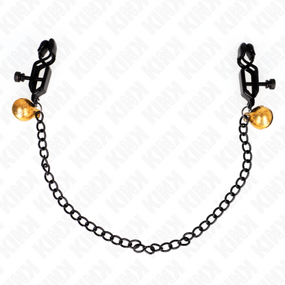 Detalhe das Pinças para Mamilos KINK com cadeia plana e sino prateado de 30cm, mostrando o design e acabamento em metal.