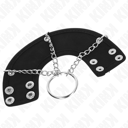KINK Anel Peniano de Metal com Cinto de Couro e Corrente 7cm para BDSM, detalhe.
