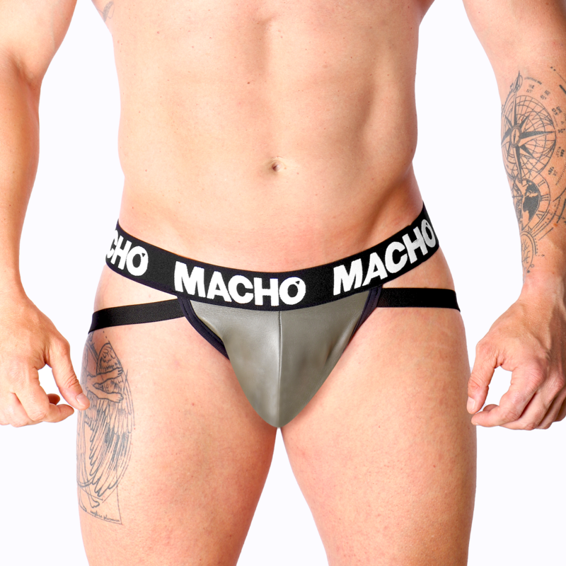 Jockstrap Macho MX27GR em couro sintético cinza bege, detalhe do material e design sensual.